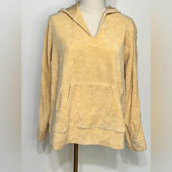 Chico's Tops - Spa by Chicos Yellow Terry Cloth Crochet Lace Hooded Pullover Top size 2